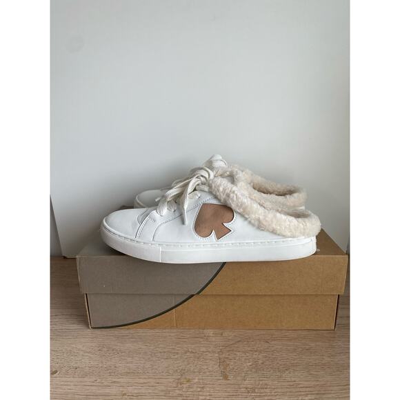 Kate Spade Fez Mule Faux Fur Wht Large Logo Leather Slip On Shoes Women- SZ 8.5 - Picture 4 of 9